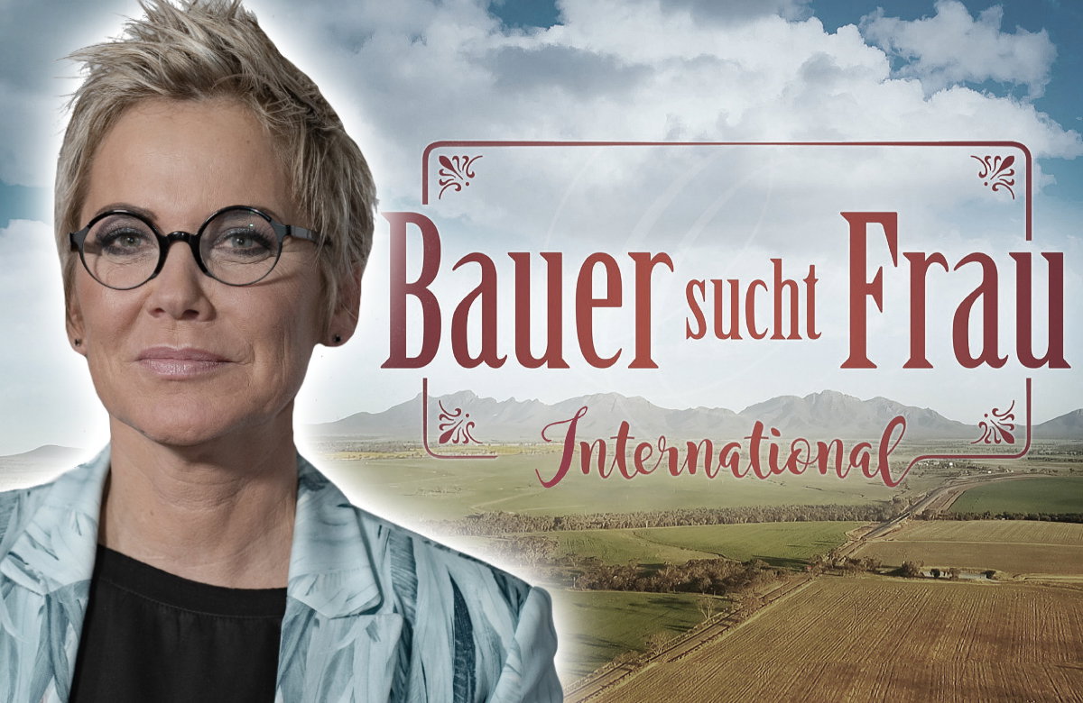 Inka Bause mit dem "Bauer sucht Frau International"-Logo