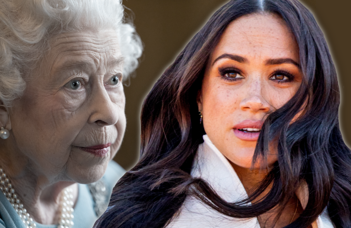 Herzogin Meghan und Queen Elizabeth II schauen ernst