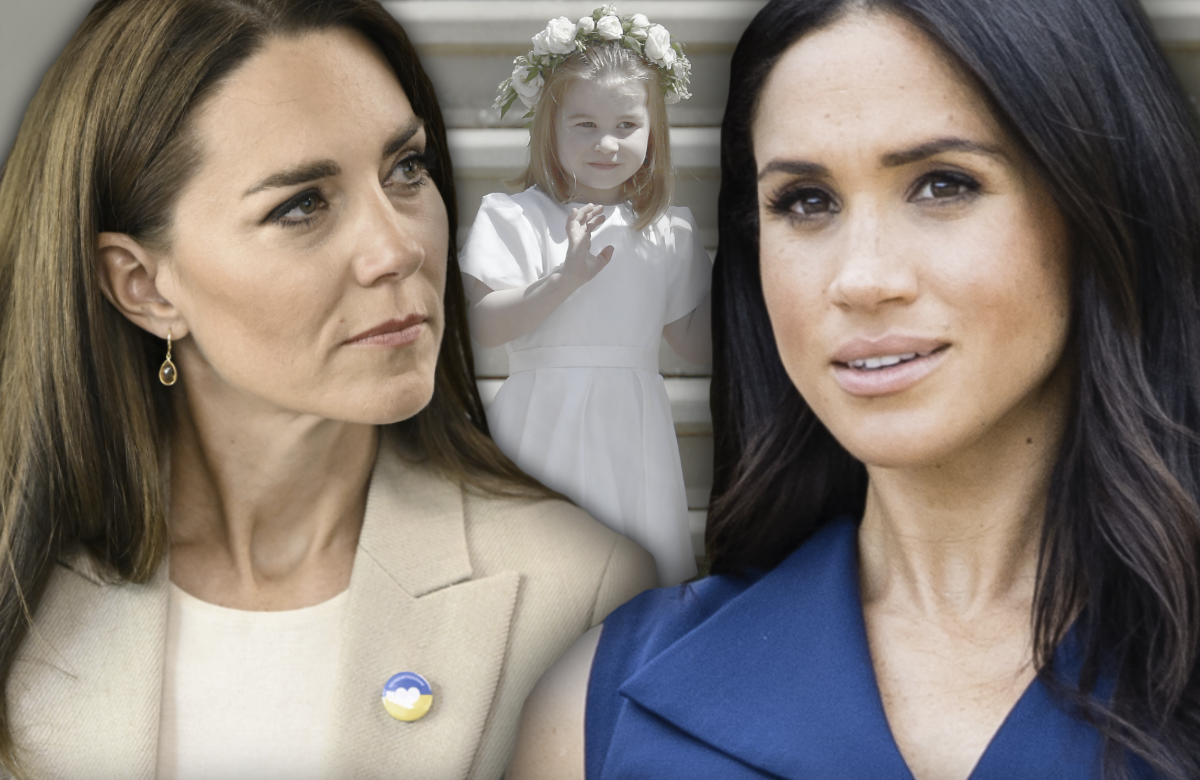 Meghan und Kate schauen ernst drein - im Hintergrund Prinzessin Charlotte im Brautjungfern-Kleid