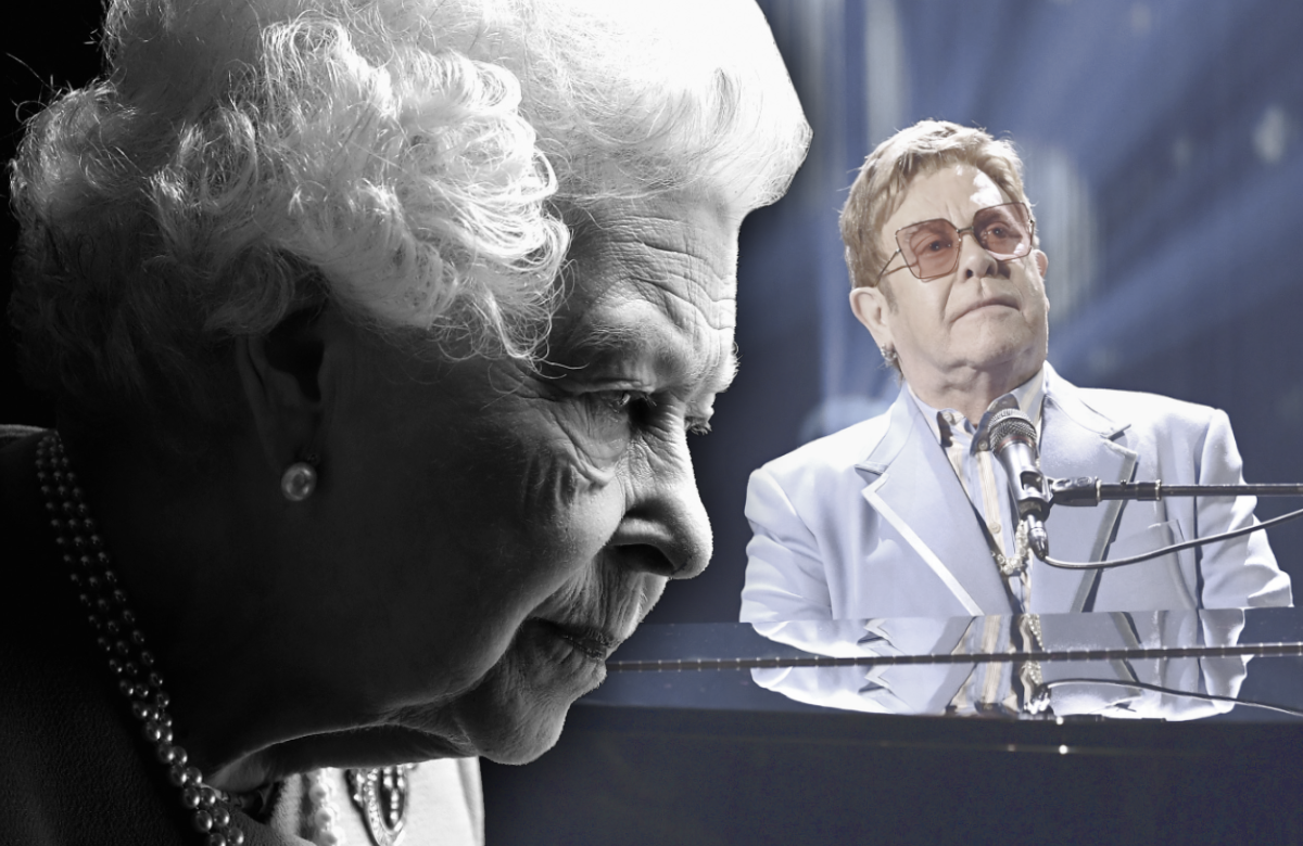 Queen Elizabeth schwarzweiß - im Hintergrund Elton John am Klavier