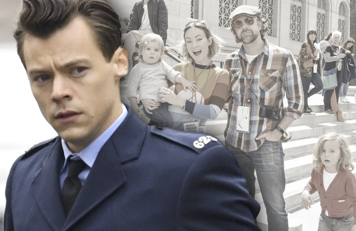 Harry Styles nachdenklich: Im Hintergrund mit Olivia Wilde mit ihrem Ex und ihren kleinen Kindern Daisy und Otis