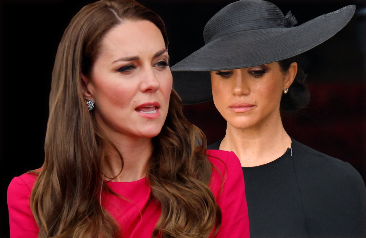 Prinzessin Kate guckt sauer, Herzogin Meghan guckt mit Hut traurig nach unten