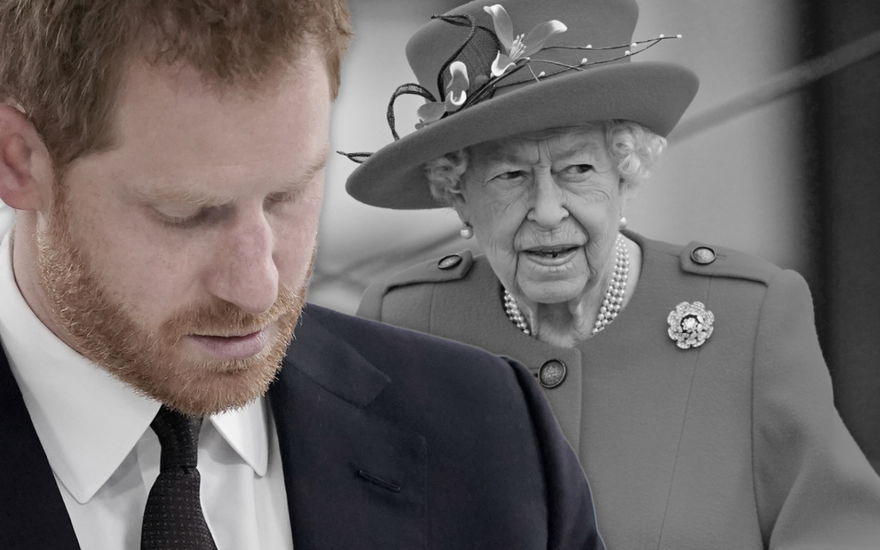 Prinz Harry guckt traurig nach unten, Queen Elizabeth II. mit Hut
