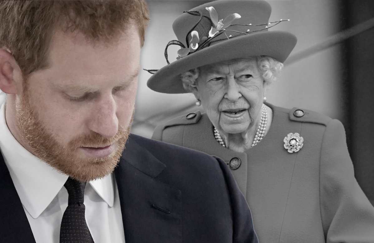 Prinz Harry guckt traurig nach unten, Queen Elizabeth II. mit Hut