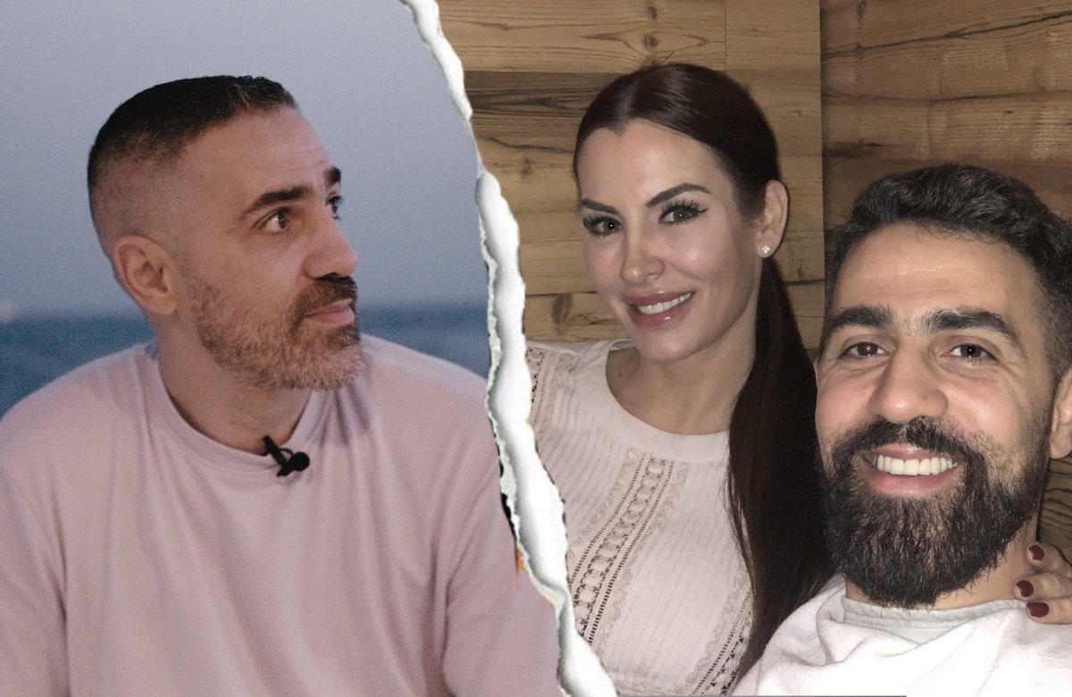 Bushido guckt zur Seite mit Riss in der Mitte, auf der anderen Seite ein Selfie mit Anna-Maria.