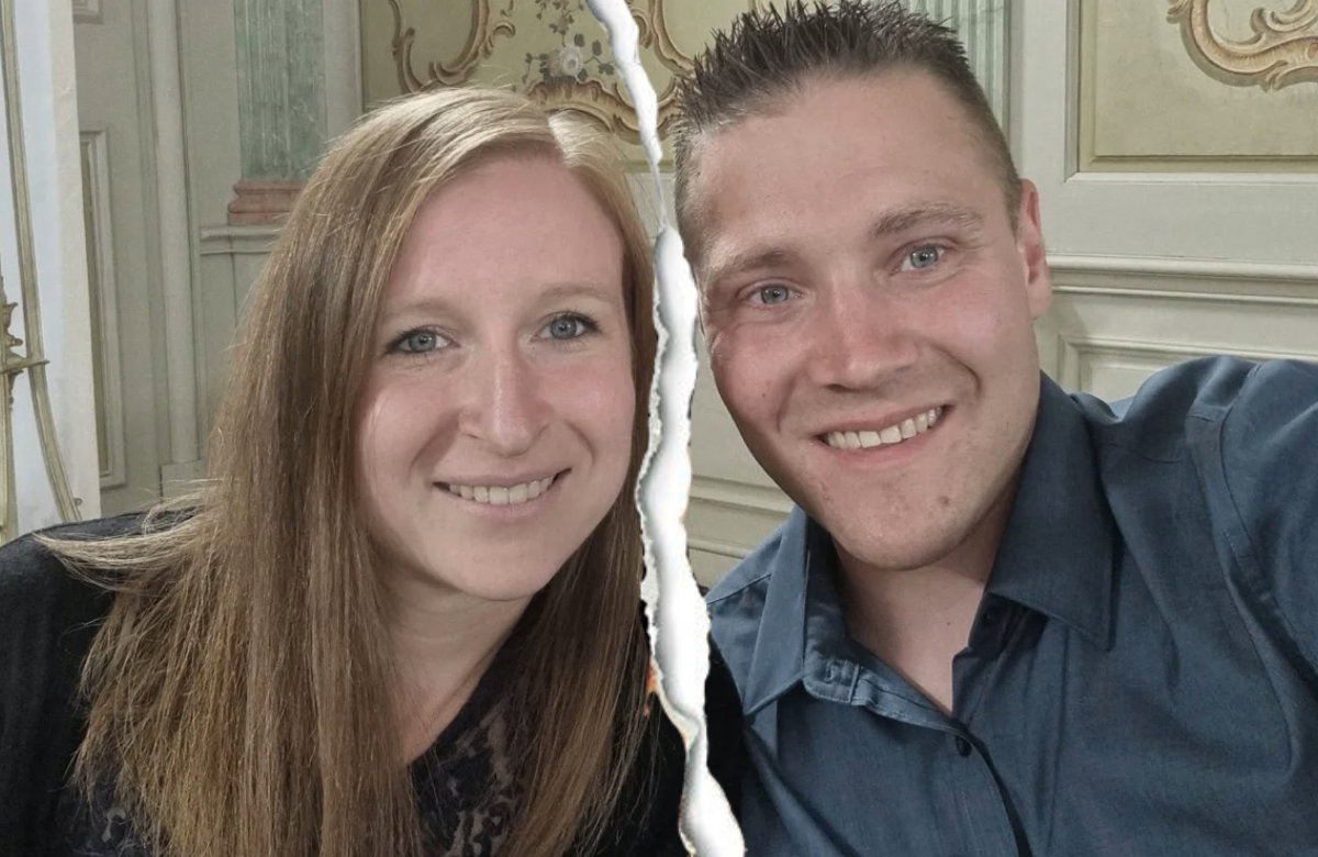 Die "Hochzeit auf dem Blick"-Kandidaten Jana und Markus lächeln auf einem Selfie mit einem Riss in der Mitte.