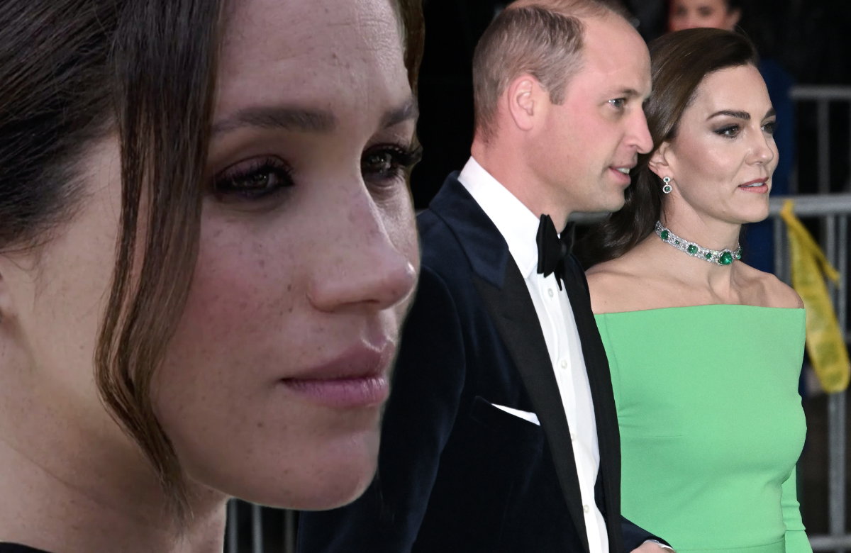 Herzogin Meghan von der Seite, Prinz William und Prinzessin Kate lächeln
