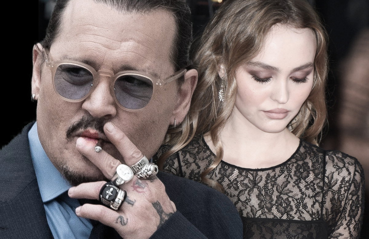 Johnny Depp schaut zur Seite und raucht, Lily-Rose Depp schaut nach unten