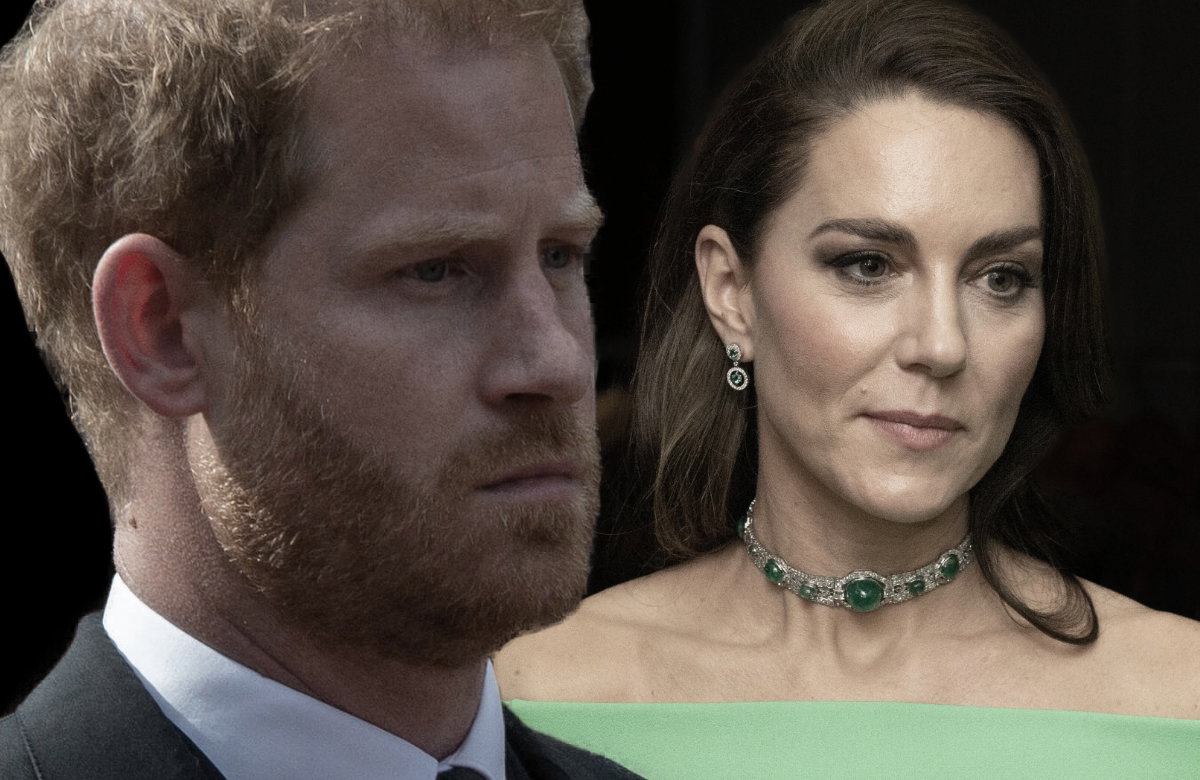 Prinz Harry guckt ernst und traurig, Prinzessin Kate lächelt leicht