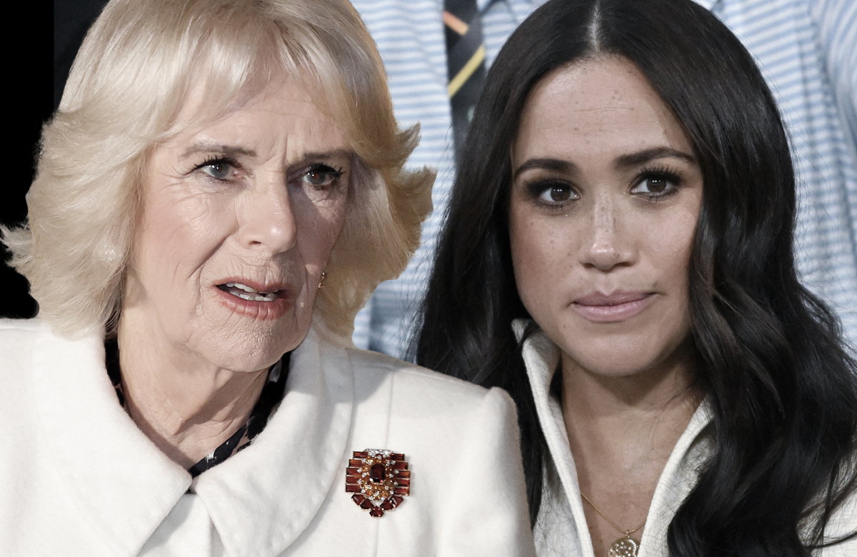 Queen Consort Camilla guckt ernst, Herzogin Meghan guckt traurig