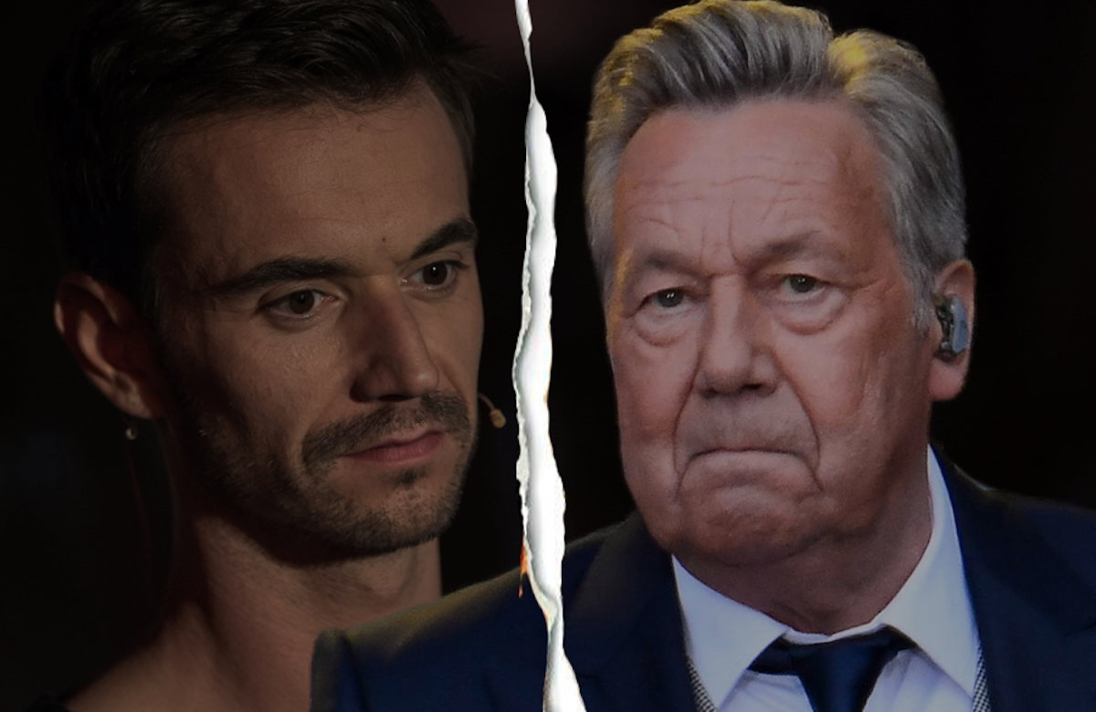 Collage Florian Silbereisen guckt traurig nach unten, Roland Kaiser guckt genervt