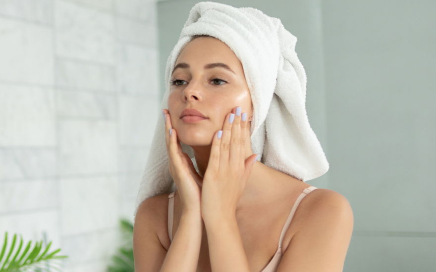 Frau pflegt Haut mit Peeling-Serum