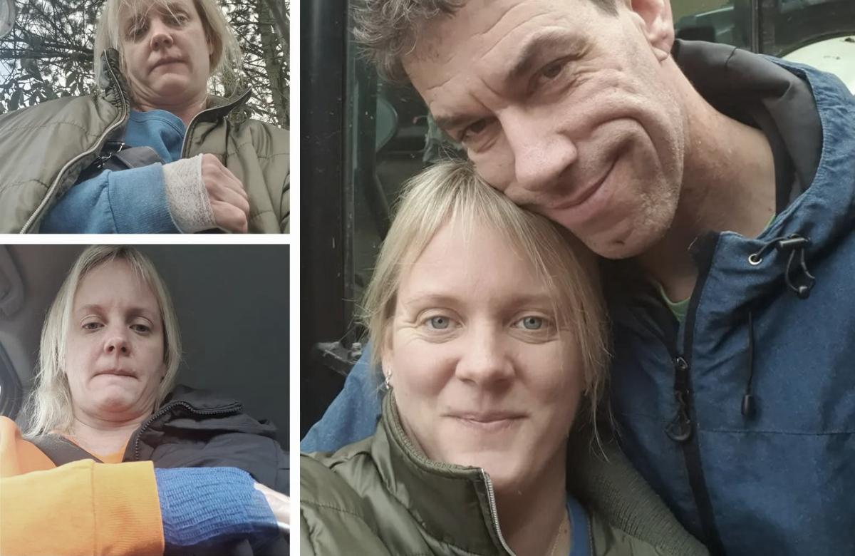 Patricia mit einer Armschiene, Patricia und Jörg kuscheln