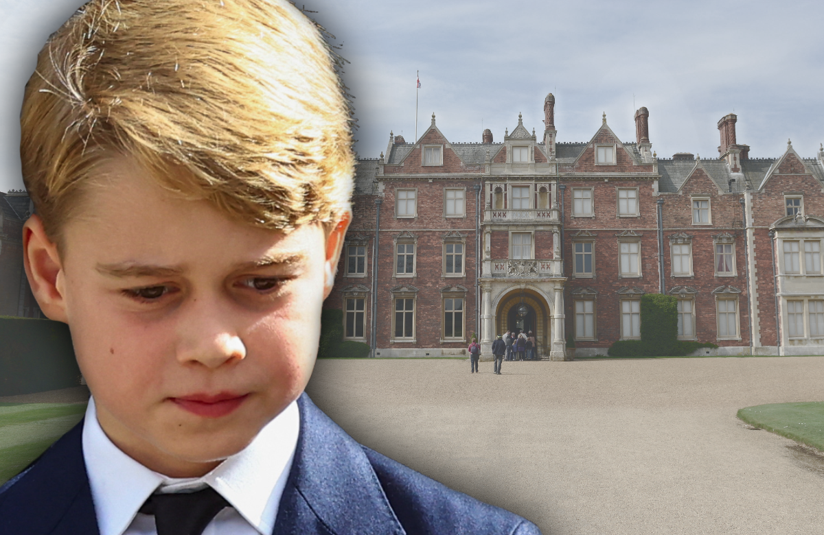 Prinz Harry blickt ernst und traurig - im Hintergrund der Landsitz Sandringham