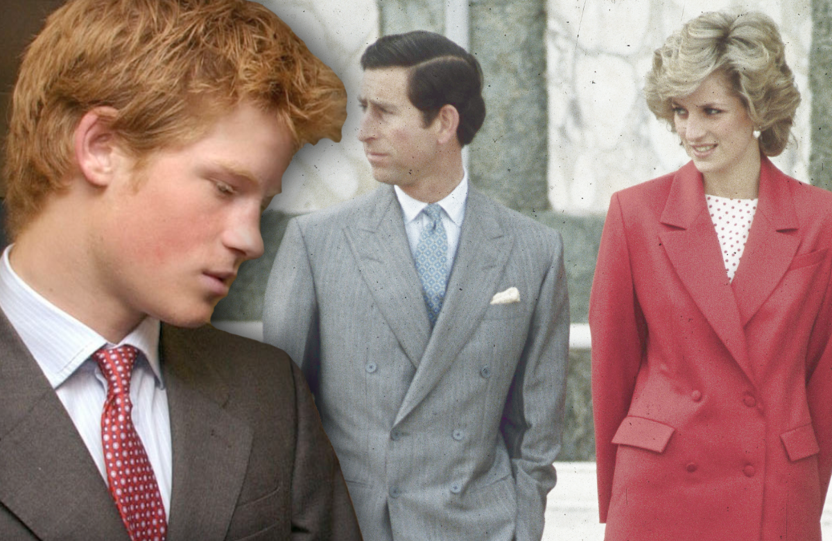Prinz Harry als Jugendlicher - im Hintergrund seine Eltern Charles und Diana