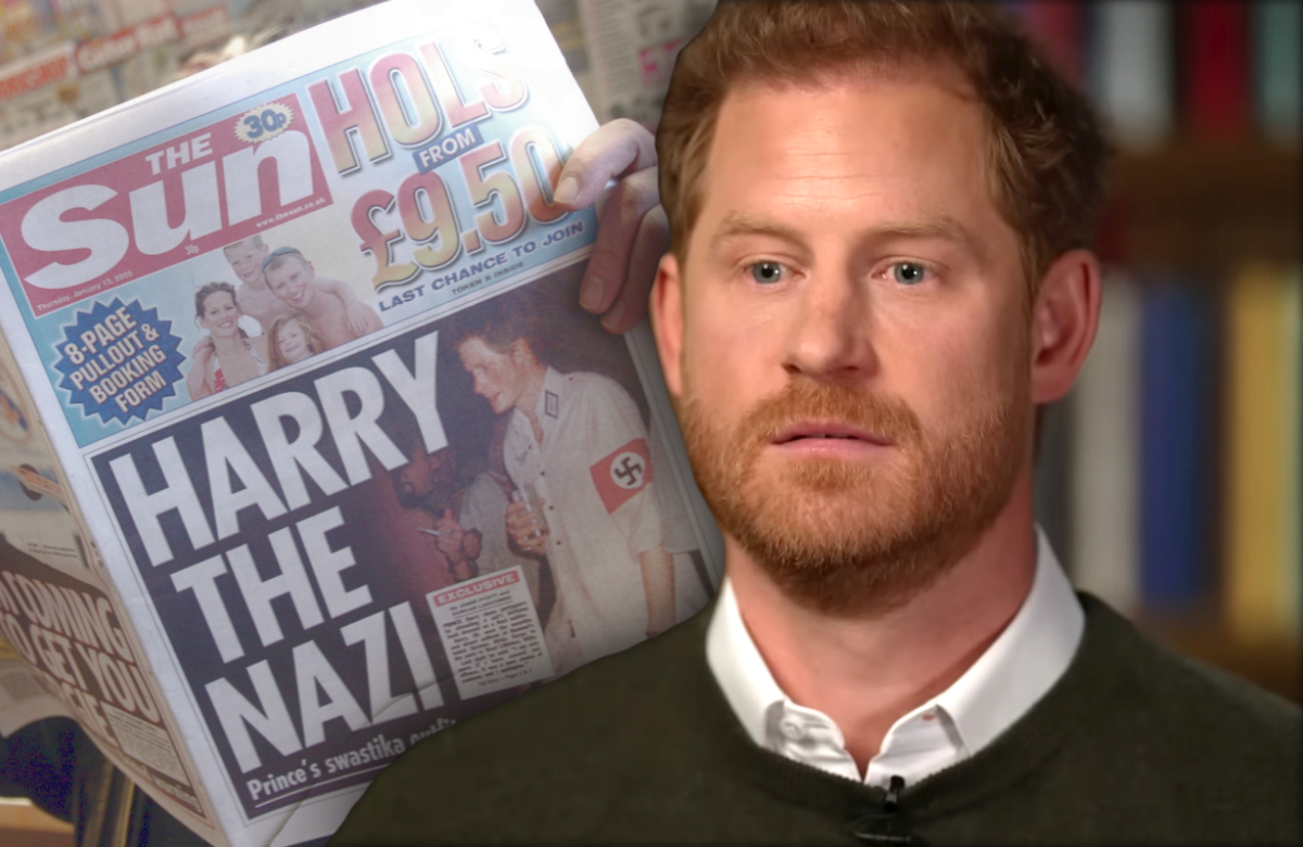 Prinz Harry ernst im CBS-Interview "60 Minutes" - im Hintergrund "The Sun" mit Nazi-Uniform