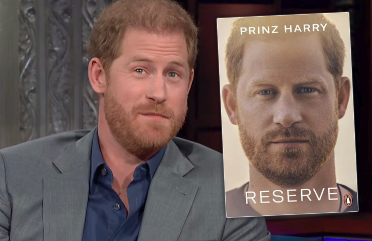 Prinz Harry in US-Talkshow 2023 und Buchcover "Reserve"