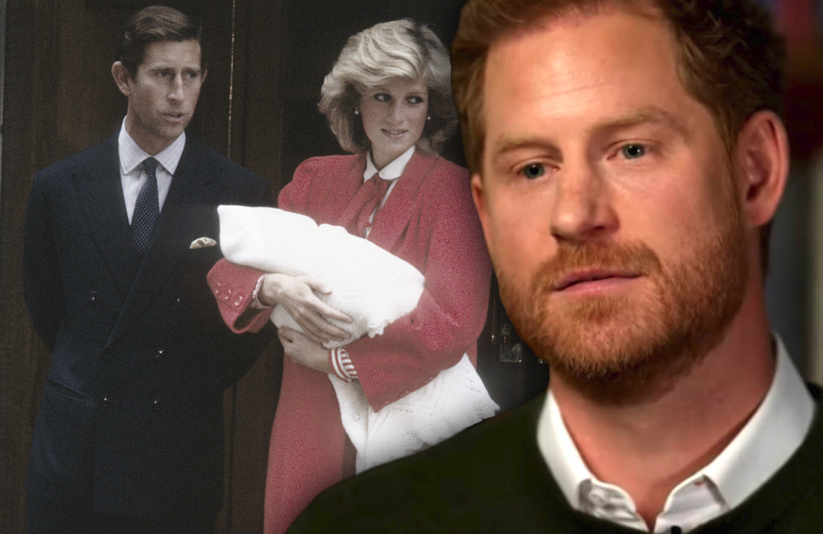 Prinz Harry traurig in CBS-Interview - im Hintergrund König Charles und Diana mit Baby Harry nach dessen Geburt