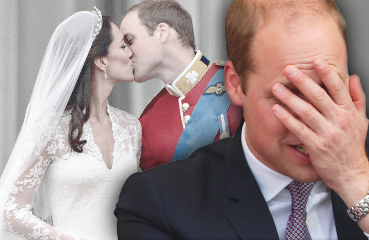 Prinz William hält sich beschämt die Hand vors Gesicht - im Hintergrund Hochzeitskuss mit Kate