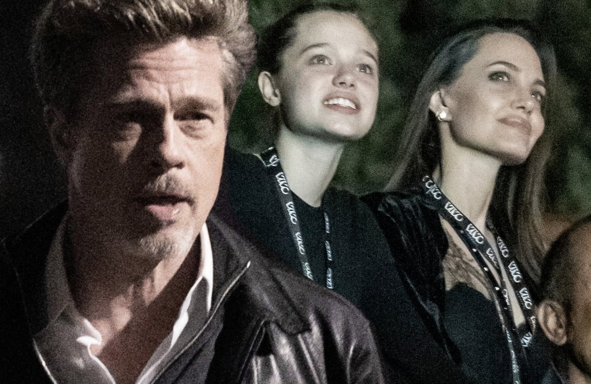 Brad Pitt guckt geschockt, Shiloh Jolie-Pitt und Angelina Jolie lächeln