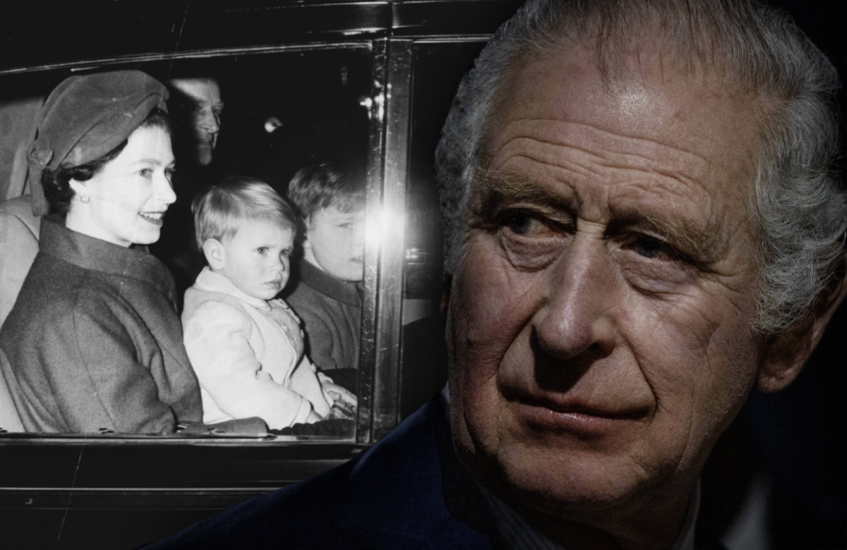 Montage: König Charles III. schaut besorgt - im Hintergrund Queen Elizabeth II. mit dem kleinen Andrew auf dem Schoß