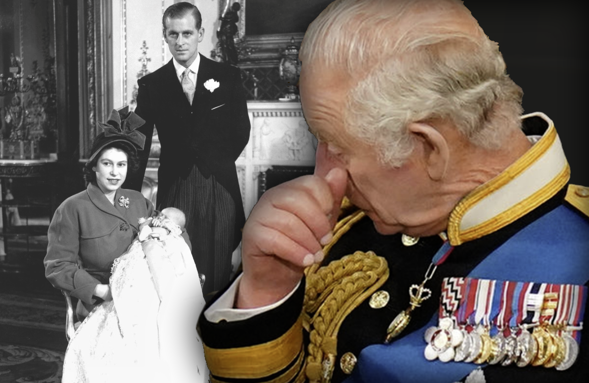 Montage: König Charles III. weint - im Hintergrund als Baby mit Queen Elizabeth II. und Prinz Philip