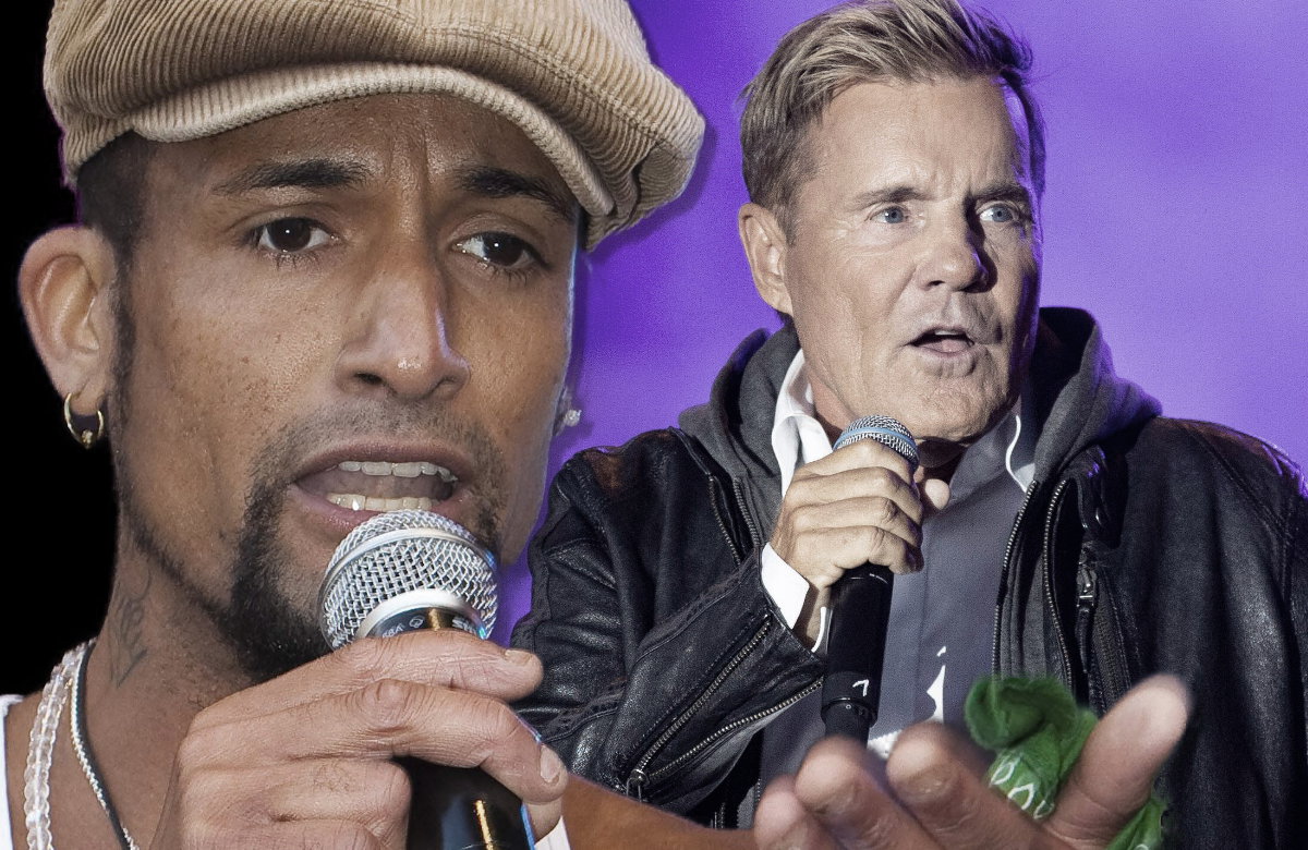 Mark Medlock mit Mütze und Mikrofon, Dieter Bohlen guckt ernst zur Seite