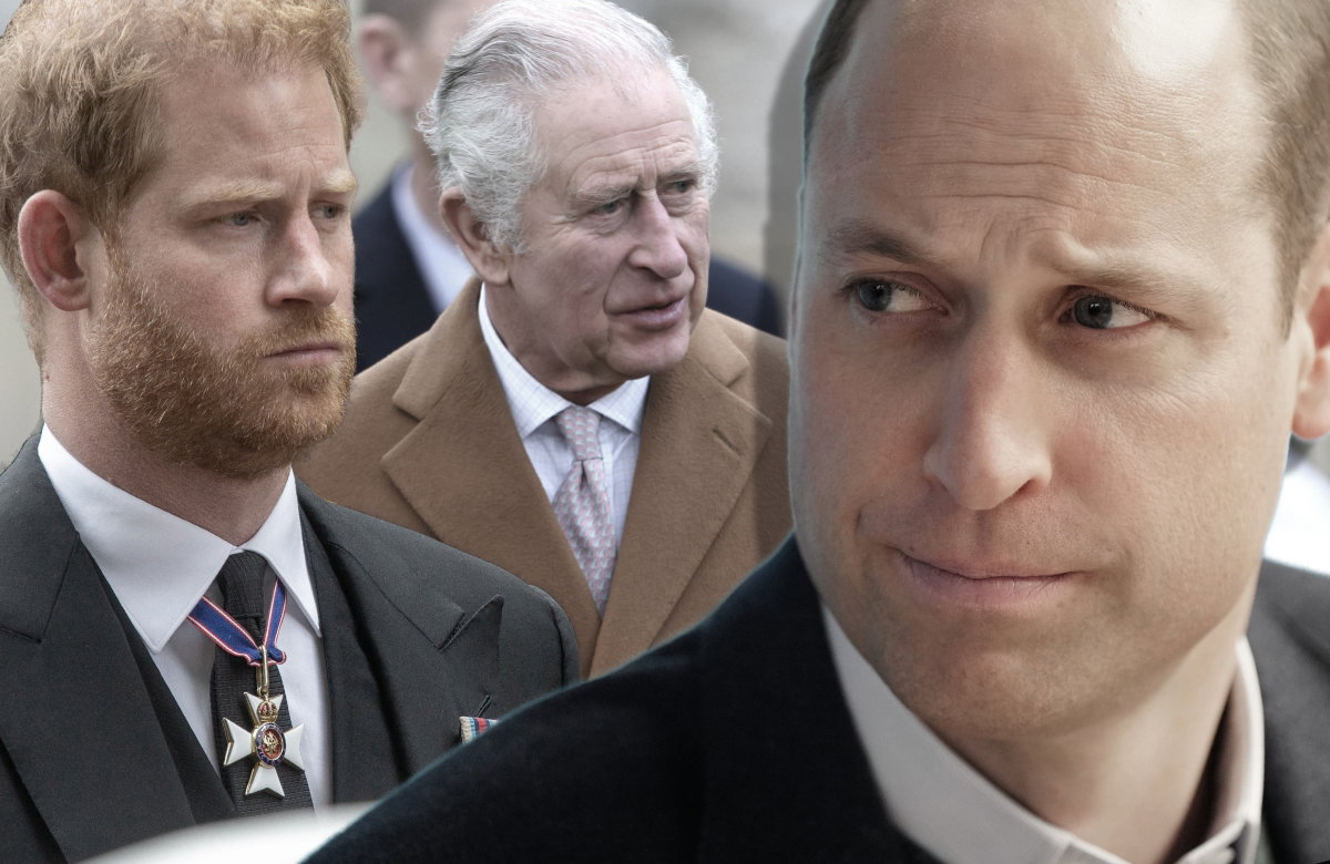Prinz Harry guckt traurig, König Charles III. guckt wütend zur Seite, Prinz William ernst
