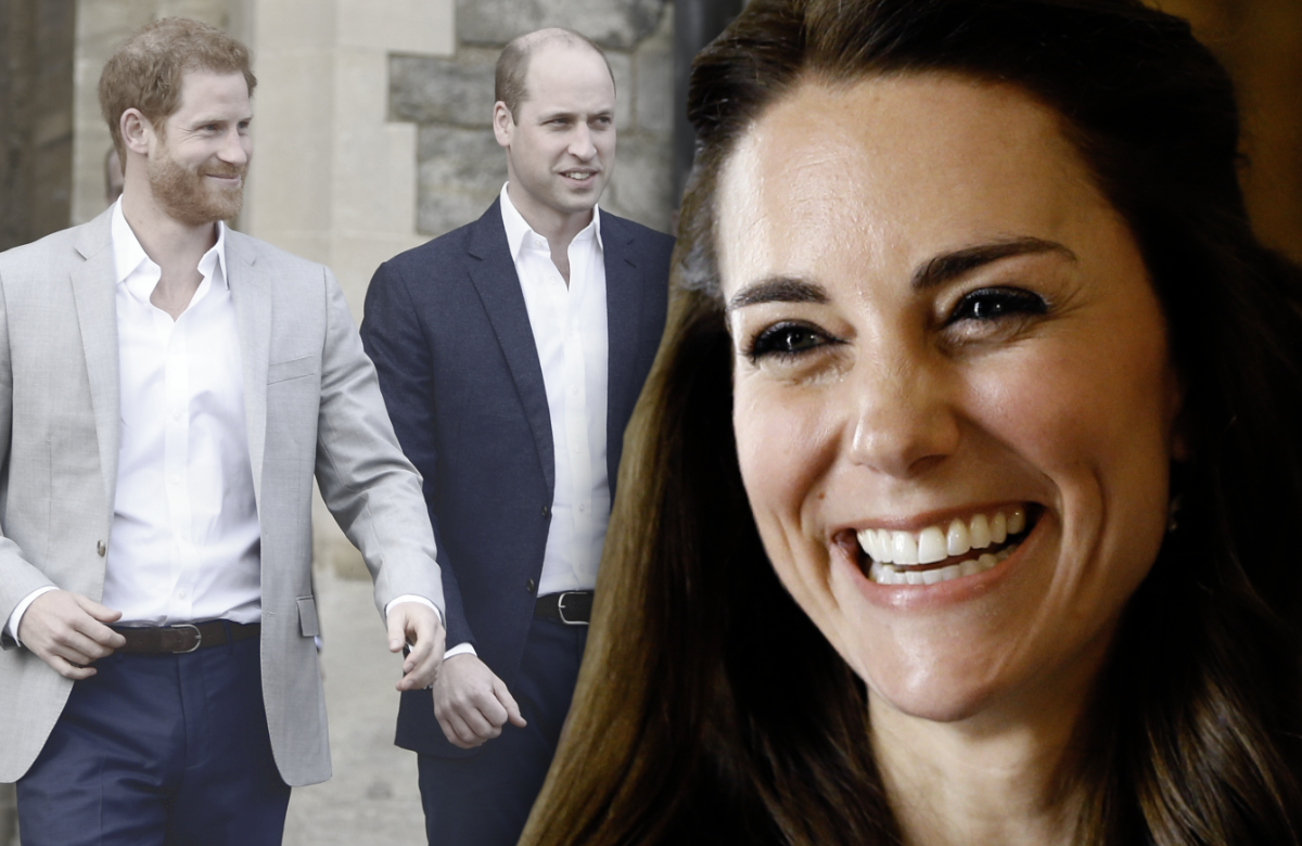 Prinzessin Kate lacht - im Hintergrund Prinz William und Harry