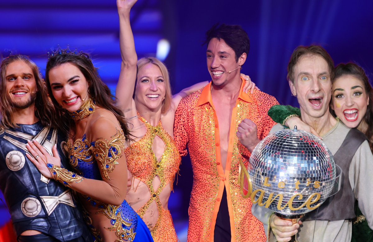 Rúrik Gíslason und Renata Lusin, Kathrin Menzinger und René Caselly und Ingolf Lück und Ekaterina Leonova nach ihrem "Let's Dance"-Sieg