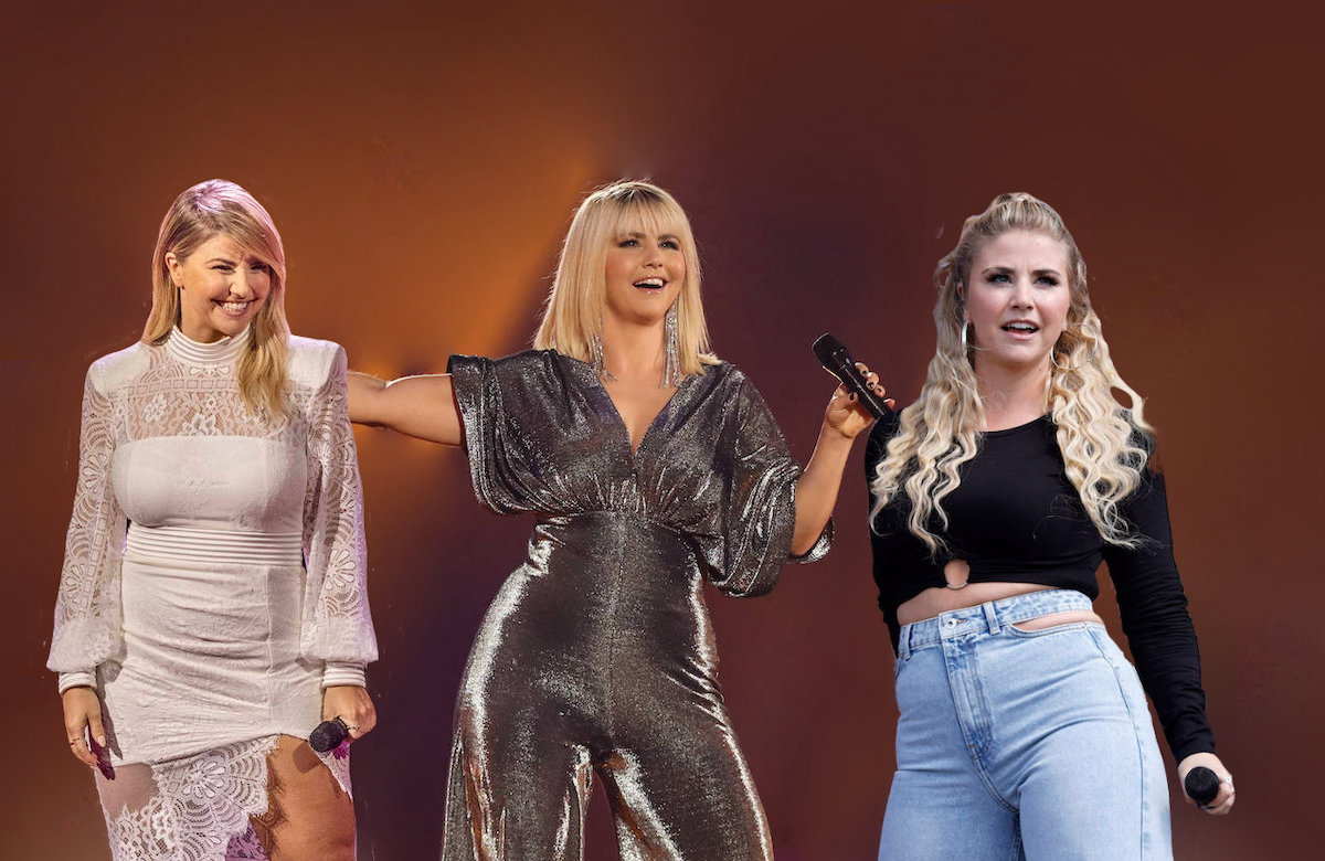 Collage Beatrice Egli Outfits, Kleid, Overall, Jeans