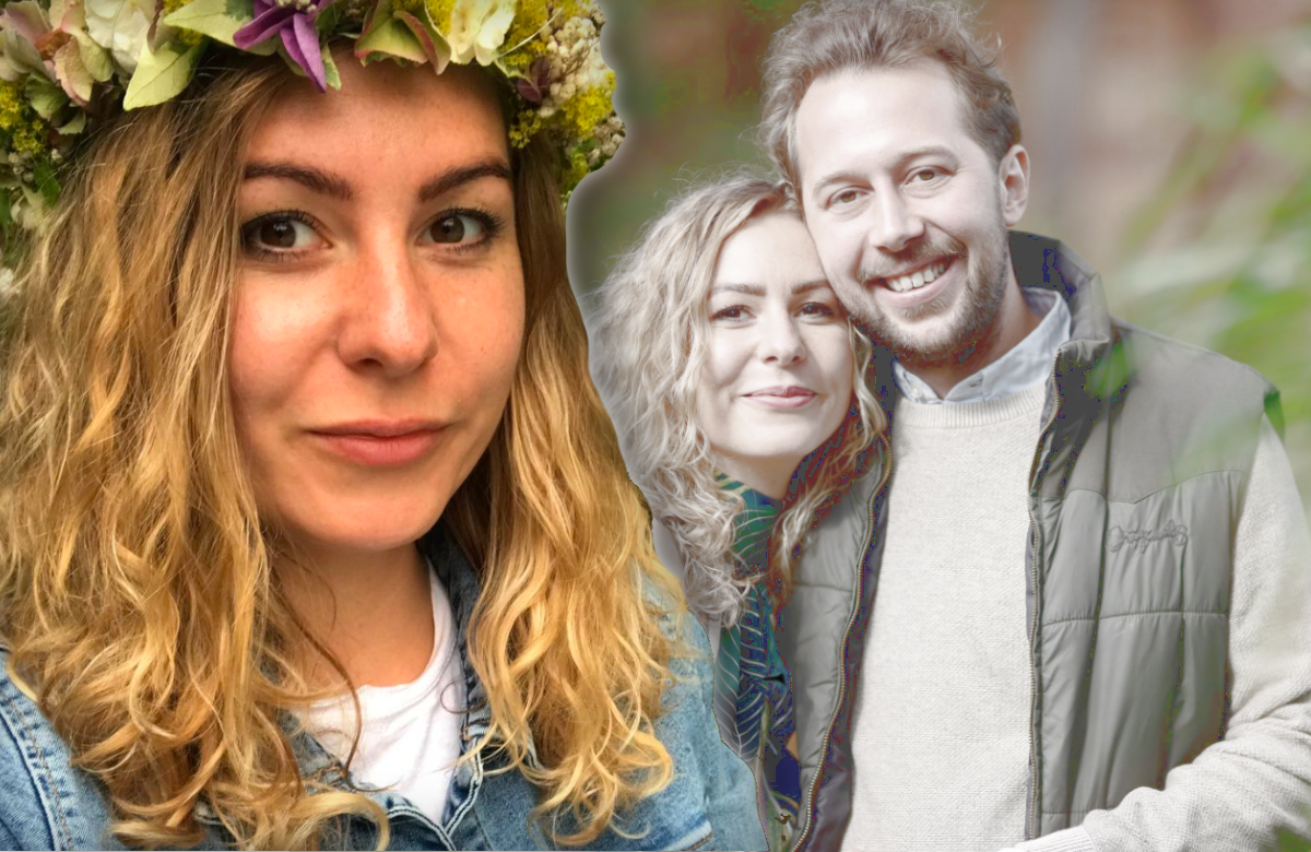 "Bauer sucht Frau"-Antje mit Blumenkranz, im Hintergrund mit Arne