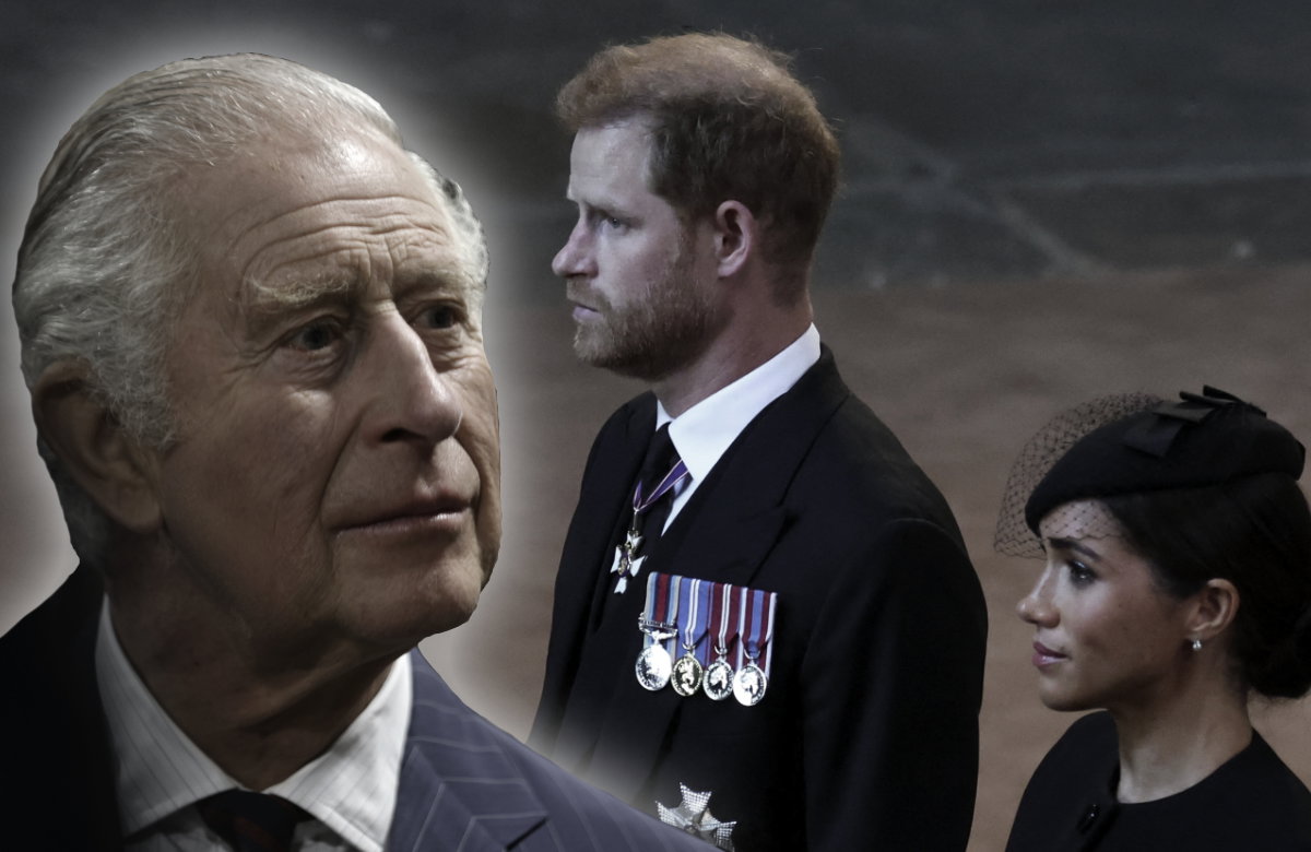 König Charles III., sein Sohn Prinz Harry und Herzogin Meghan.