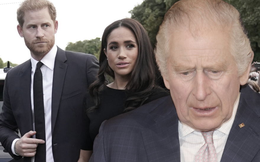 Prinz Harry und Herzogin Meghan gucken skeptisch zur Seite, König Charles guckt geschockt nach unten