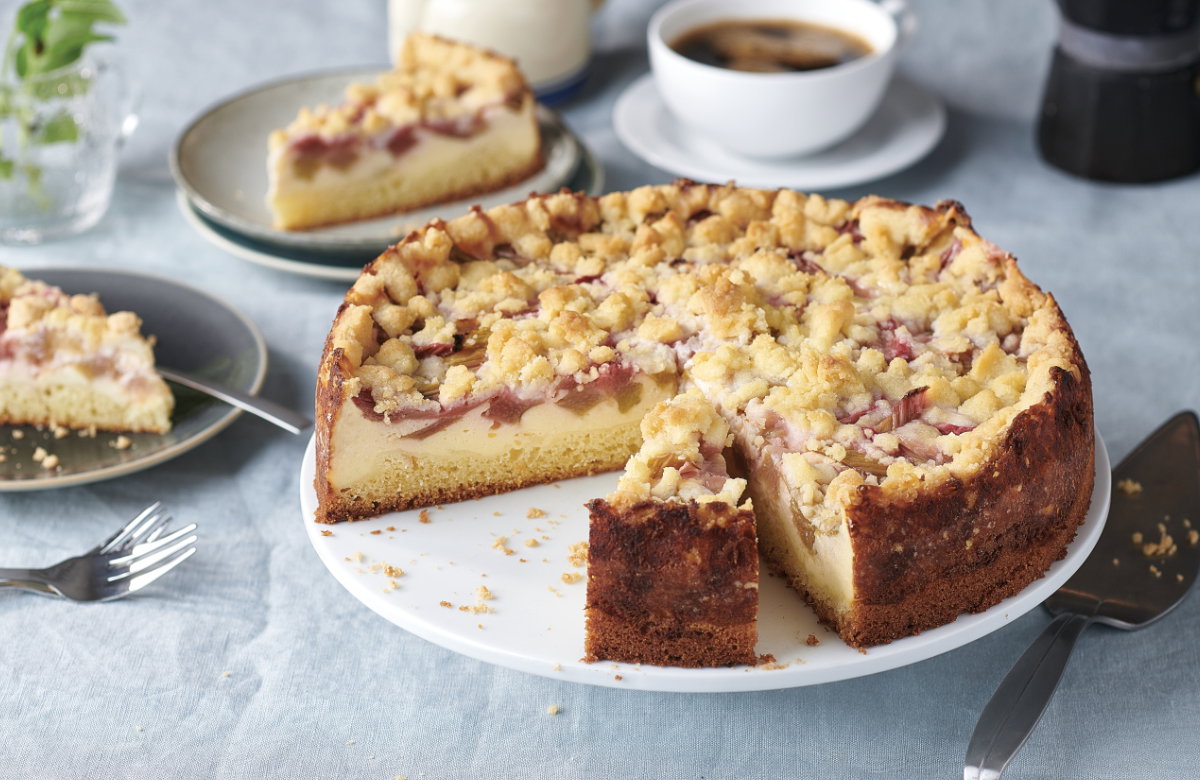Rhabarberkuchen mit Pudding auf einem Teller.