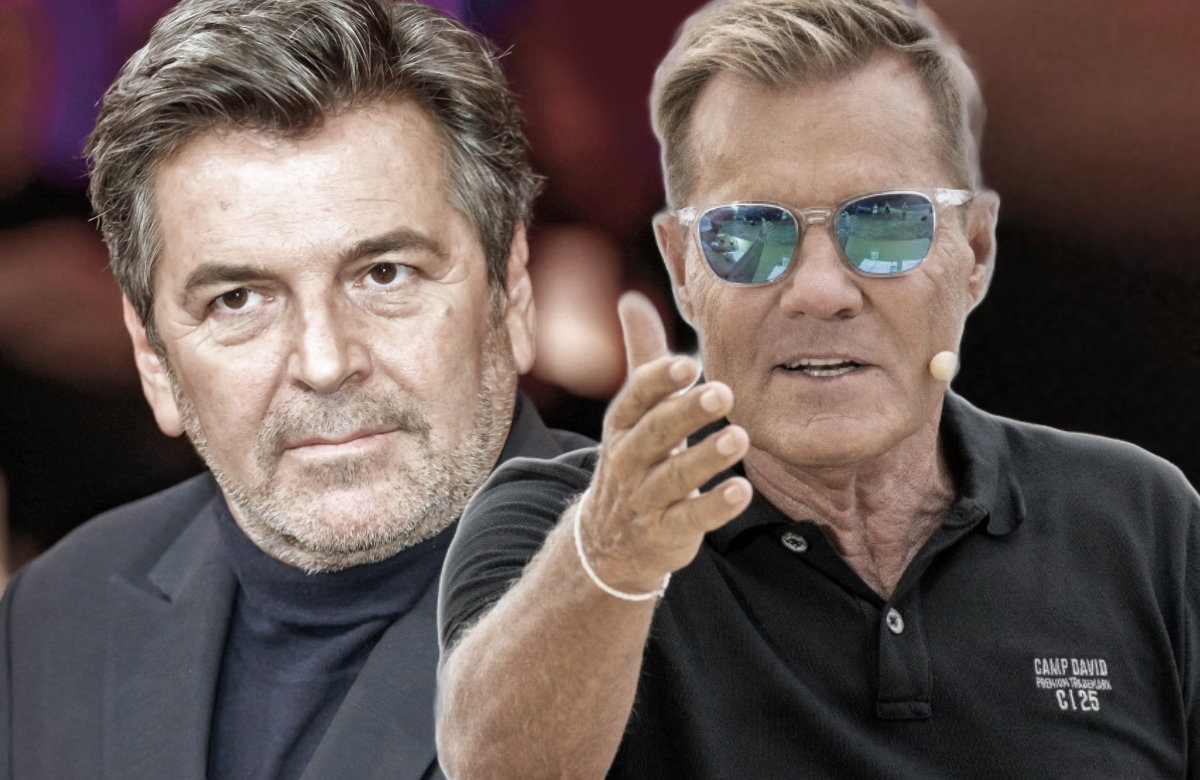 Fotomontage Thomas Anders traurig und Dieter Bohlen ernst mit Hand oben