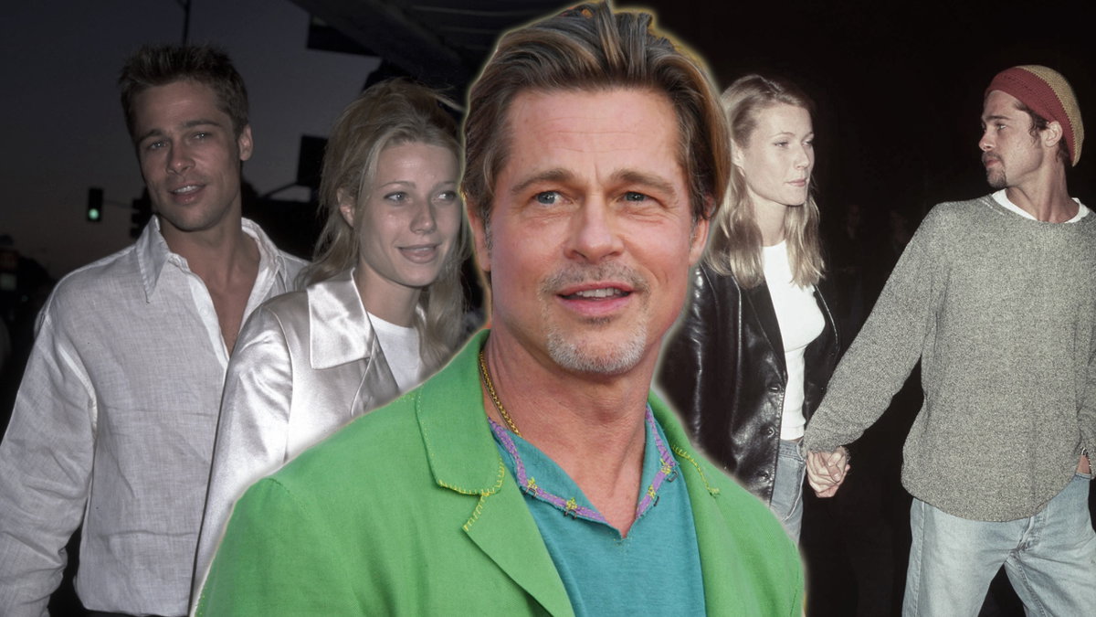 Brad Pitt grinst in die Kamera, im Hintergrund sind alte Bilder von ihm und Gwyneth Paltrow zu sehen