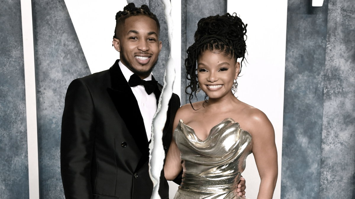 Halle Bailey und DDG posieren Arm in Arm mit einem Riss in der Mitte
