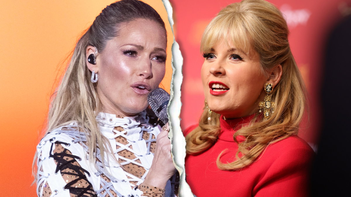 Helene Fischer singt am Mikro, Matte Kelly lächelt, dazwischen ist ein Riss
