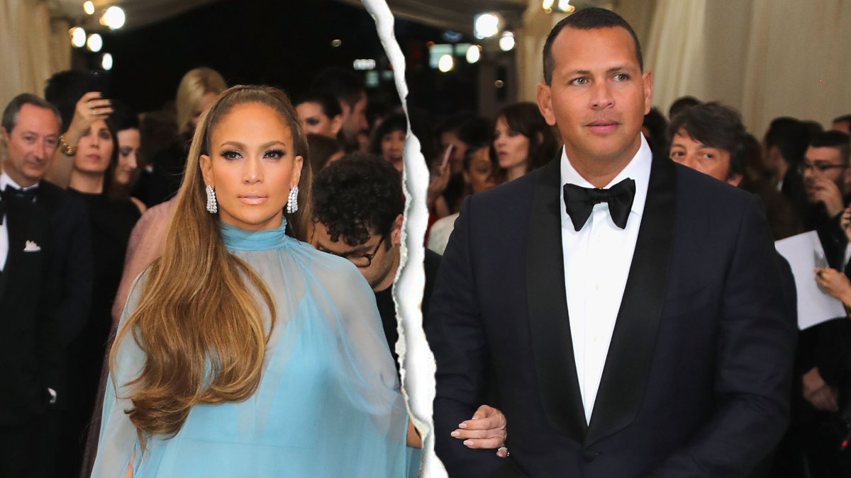 Jennifer Lopez und Alex Rodriguez gehen in Arm in Arm, in der Mitte ist ein Riss