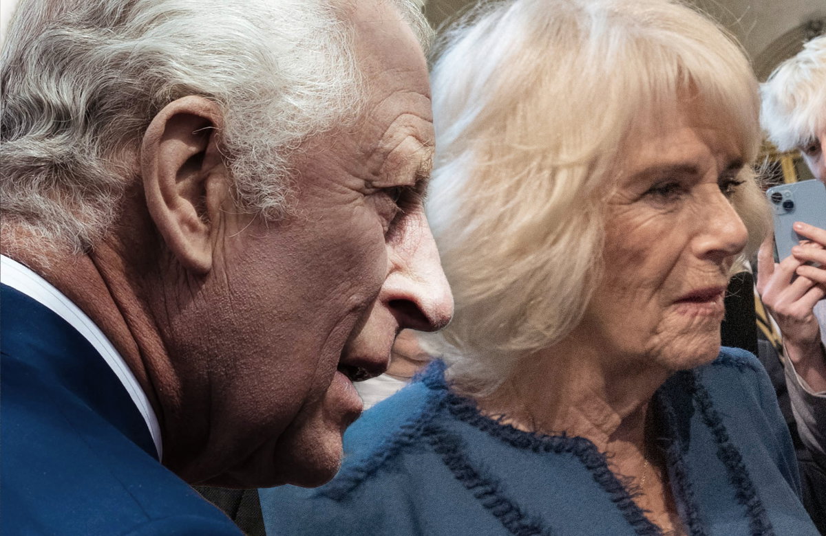 König Charles von der Seite, guckt sauer, Königin Camilla guckt ernst