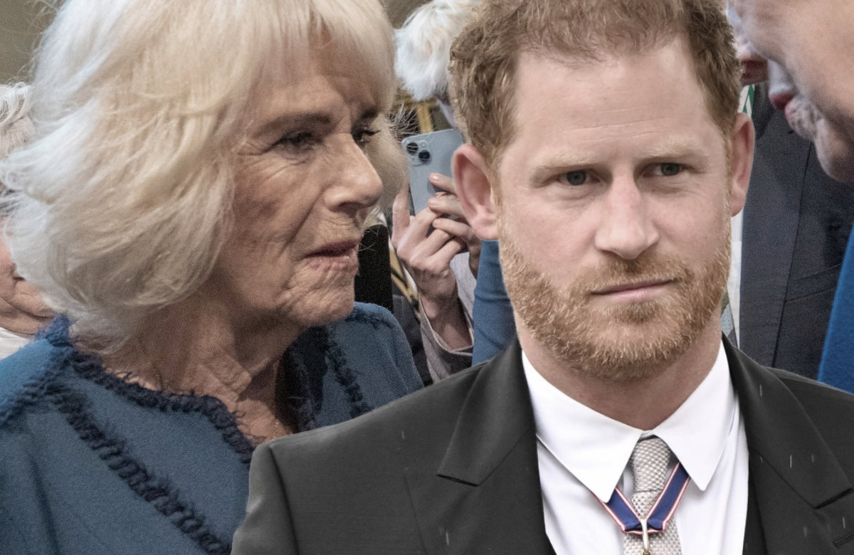 Königin Camilla guckt geschockt, Prinz Harry guckt genervt