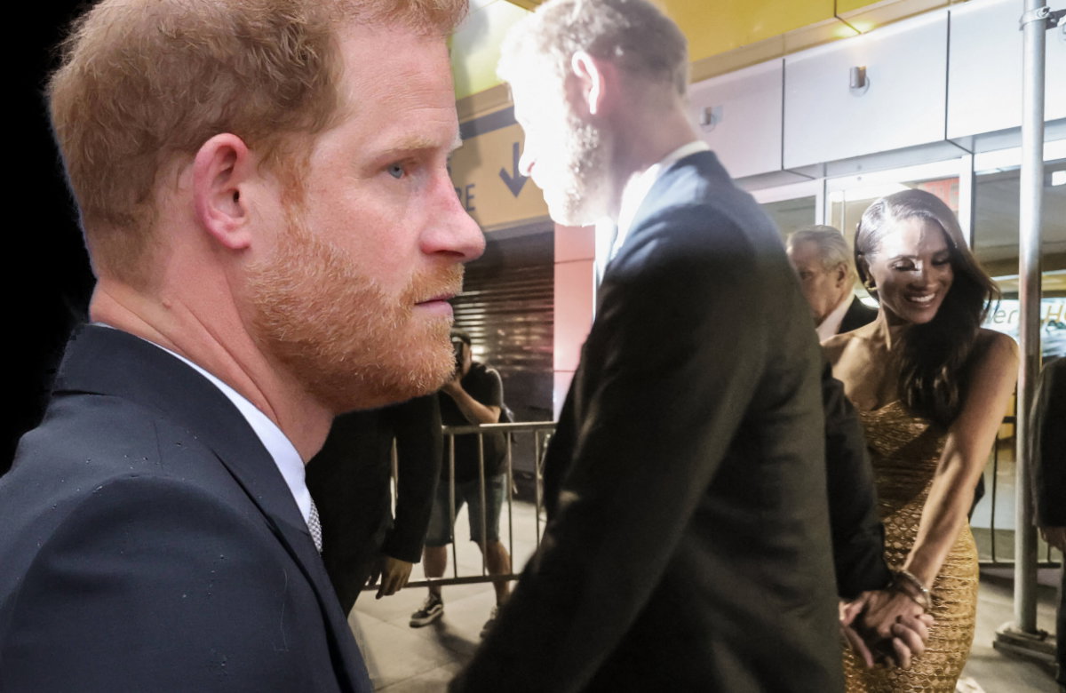 Prinz Harry von der Seite, daneben Harry und Meghan mit Fotografen