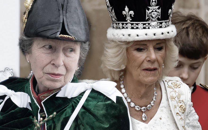 Prinzessin Anne guckt mit Hut skeptisch zur Seite, Königin Camilla guckt mit Krone nach unten