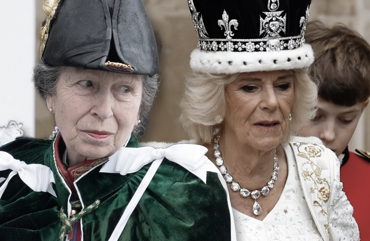 Prinzessin Anne guckt mit Hut skeptisch zur Seite, Königin Camilla guckt mit Krone nach unten