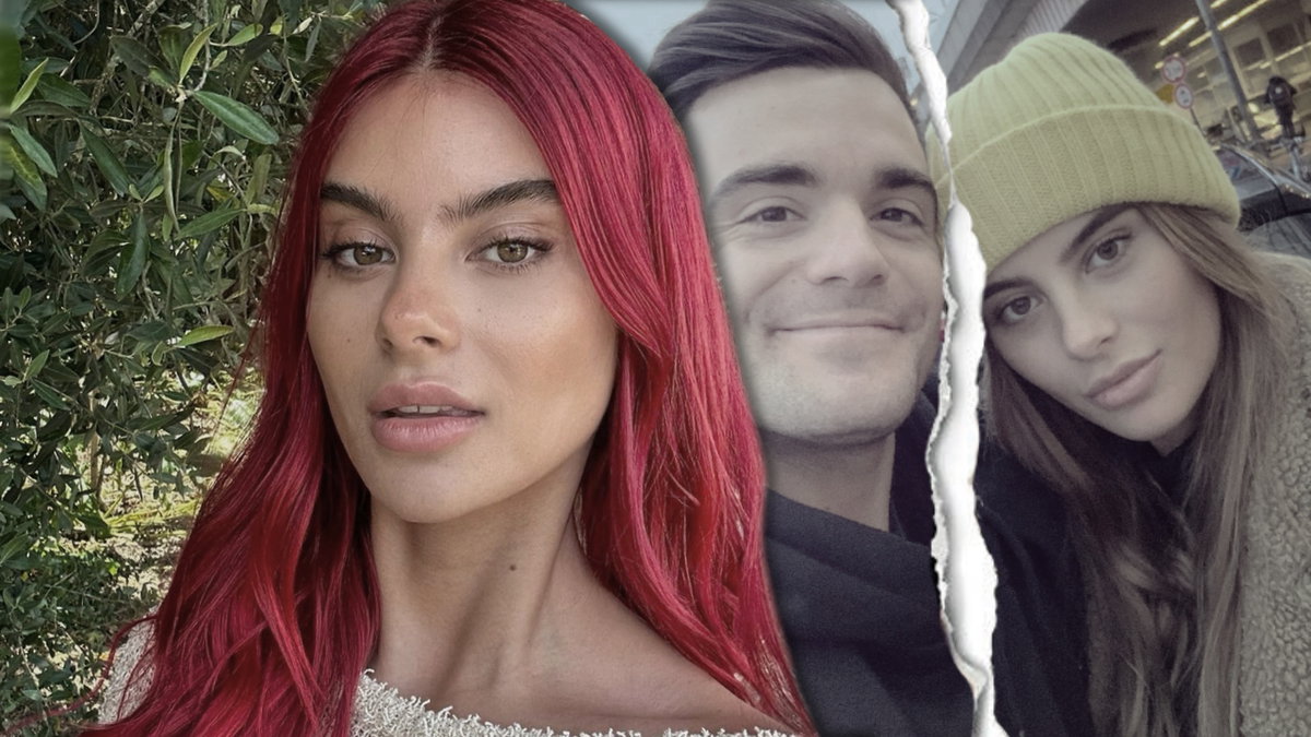 Romina Palm macht ein Selfie, im Hintergrund ist ein Bild von ihr und Stefano Zarrella zerrissen