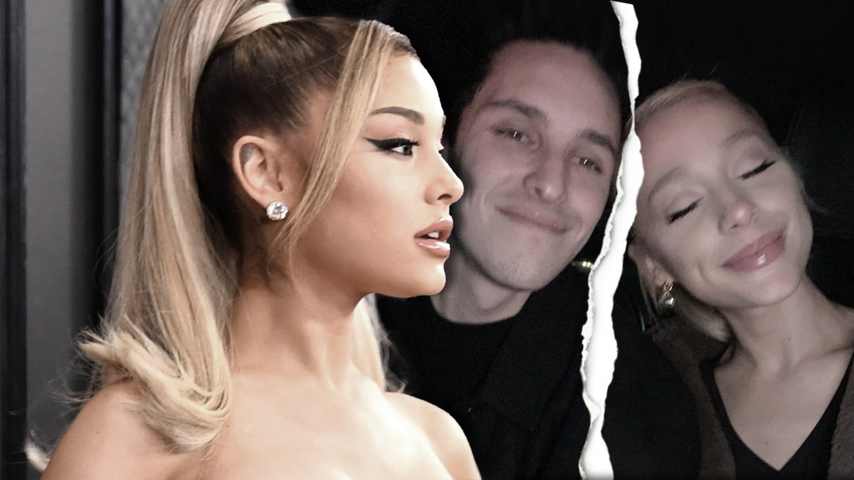 Ariana Grande sieht traurig zur Seite, im Hintergrund ein zerrissenes Foto mit Dalton Gomez