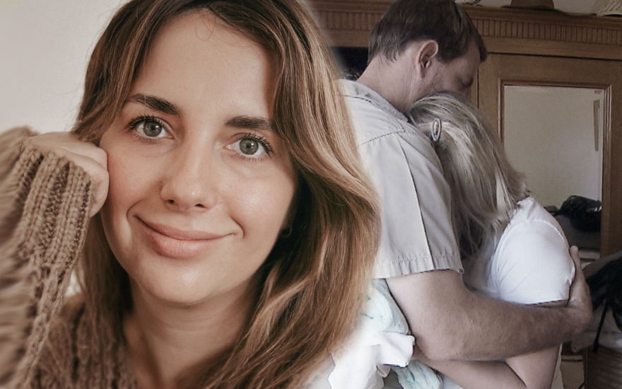 Anna Heiser blickt in die Kamera, im Hintergrund heult sie sich in Geralds Armen aus