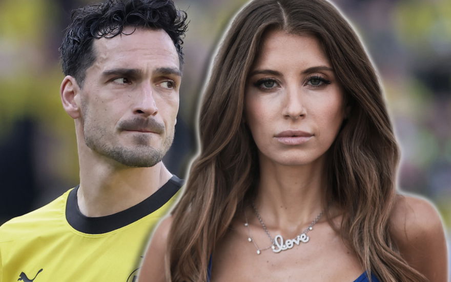 Cathy Hummels guckt ernst in die Kamera, hinter ihr steht Mats Hummels mit traurigem Blick