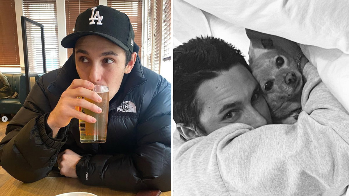 Dalton Gomez trinkt ein Bier und kuschelt mit Arianas Hund